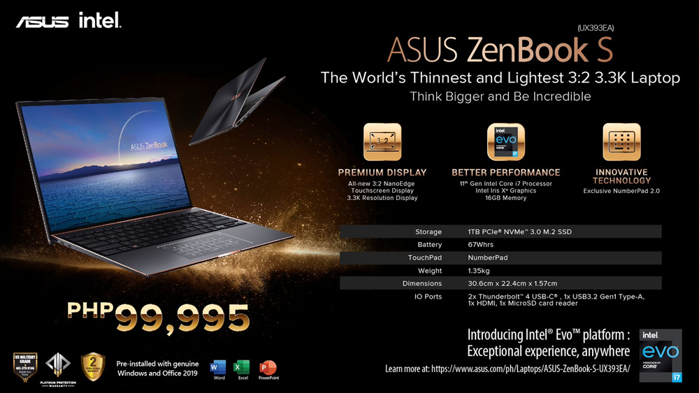 The ASUS ZenBook S (UX393) - The World’s Lightest & Thinnest 3:2, 3.3k Laptop