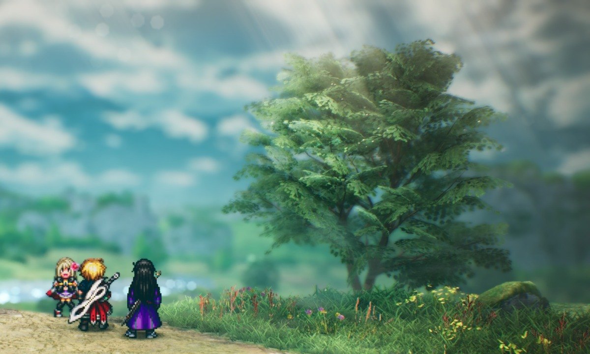 HD-2D scene from Final Fantasy Resonance showing three party members on a dirt path beside a large tree, with mountains and water in the distance