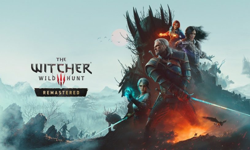 Key art for The Witcher 3: Wild Hunt Remastered showing Geralt of Rivia with a glowing sword before a towering antlered tree-crone under a pale moon