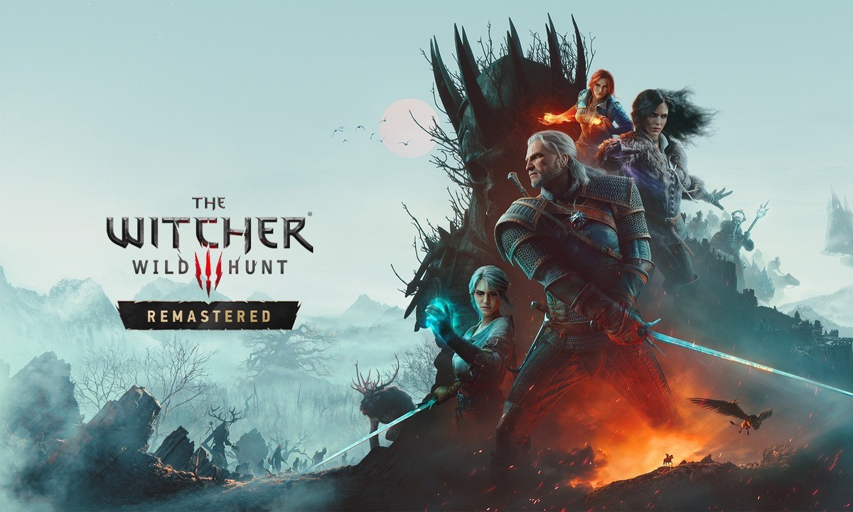 Key art for The Witcher 3: Wild Hunt Remastered showing Geralt of Rivia with a glowing sword before a towering antlered tree-crone under a pale moon