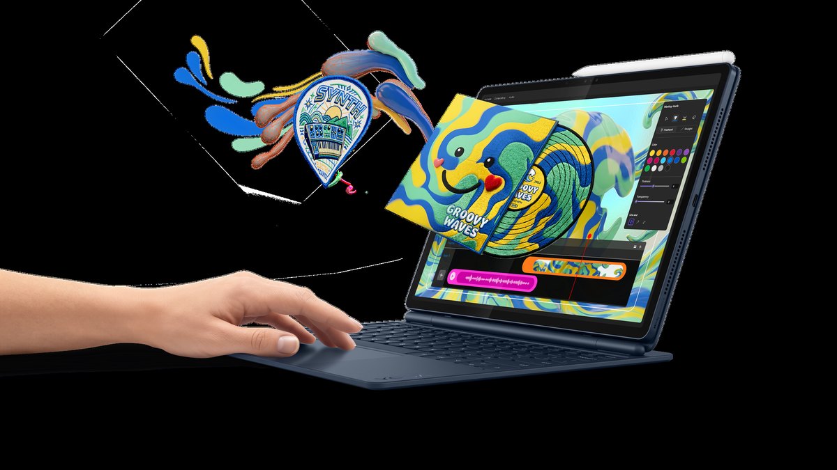 Lenovo Yoga Tab Plus Gen 2 tablet in Cosmic Blue with pen in hand