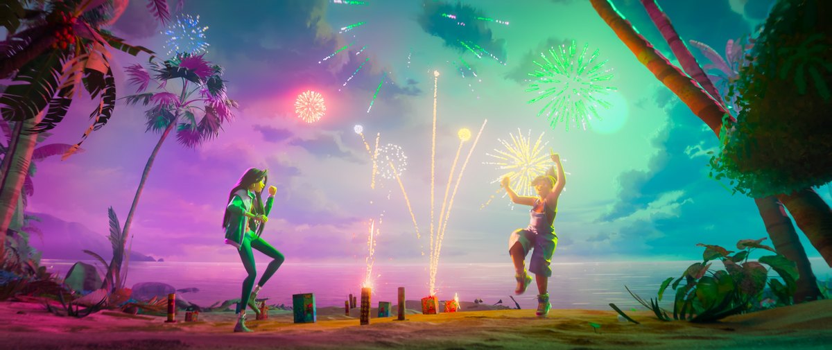 Two Forgotten Island characters celebrating on a beach as fireworks light up the sky