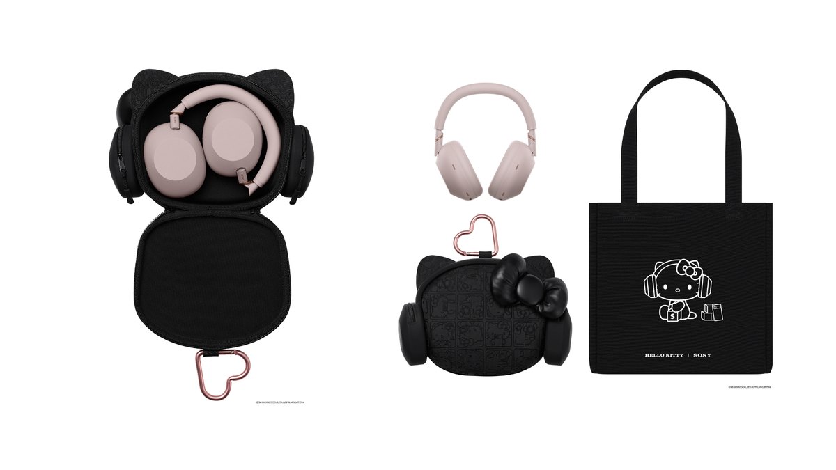 The Hello Kitty pouch and tote bag with pink WH-1000XM6 headphones laid out together