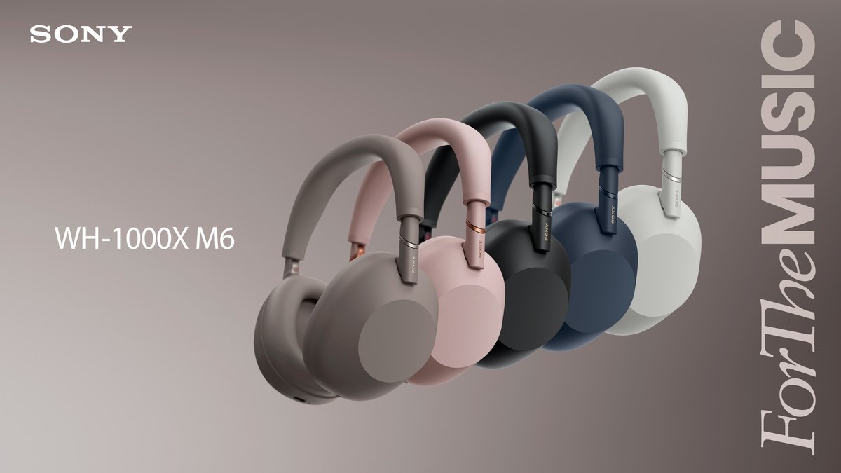 Five WH-1000XM6 headphones lined up in Black, Silver, Midnight Blue, Sand Pink, and Sandstone