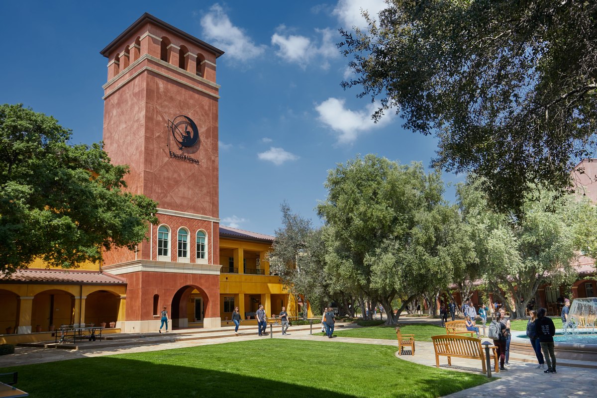 DreamWorks Animation campus building with the studio's moon-and-fisher logo