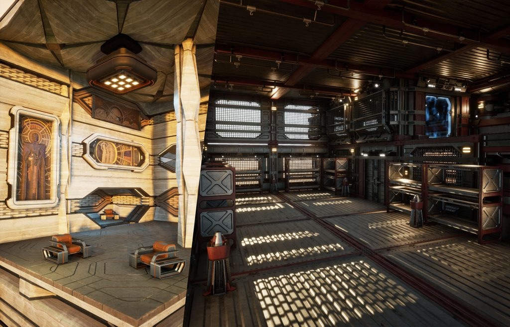 Two base interiors from the Dune Awakening Blood and Ice cosmetic store: an ornate desert room and an industrial steel workshop