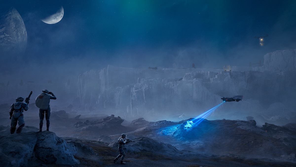 Armoured survivors scouting an icy cliff under a moon in Dune Awakening Blood and Ice