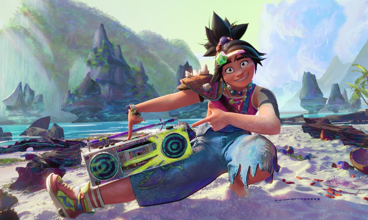 Forgotten Island character holding a boombox on a tropical beach in the DreamWorks Animation film