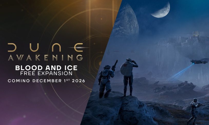 Dune Awakening Blood and Ice free expansion key art with armoured survivors on an icy Polar Sink landscape